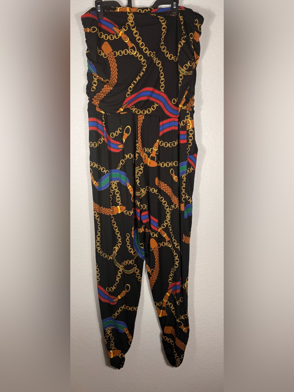 Black Chain-Print Skinny Jumpsuit with Multicolor Stripe Accents